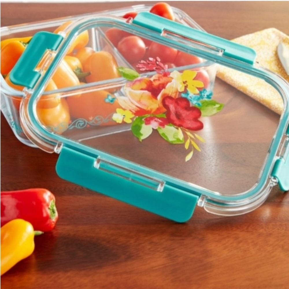 Pioneer woman wildflower whimsy Glass Food Storage Container with Teal Lid